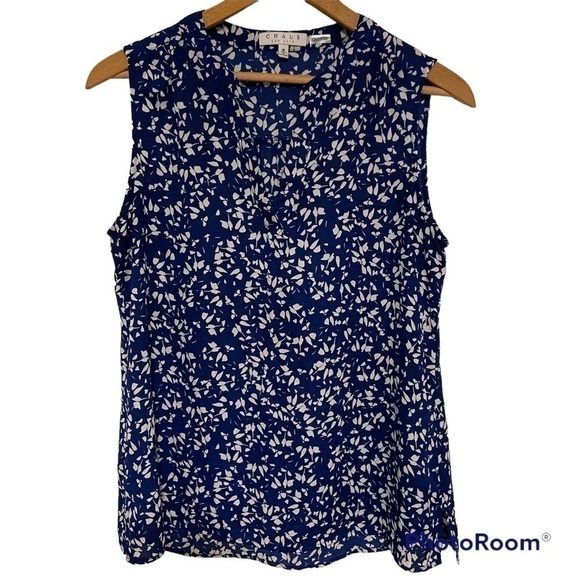 Chaus New York Blue Floral Leaf V-neck Navy Blouse Medium - Picture 1 of 5